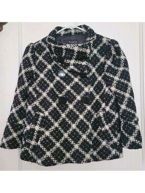 Plastic Island Black White Gold Tweed Jacket Women’s Size Large Wool Blend